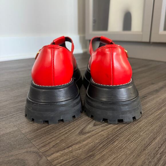 Burberry Aldwych Red Leather T-Bar Platform Flats 37.5 Black Chunky Mary Jane - Picture 5 of 7